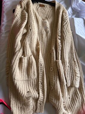 POL Distressed Open-Front Cardigan Sweater - Cream